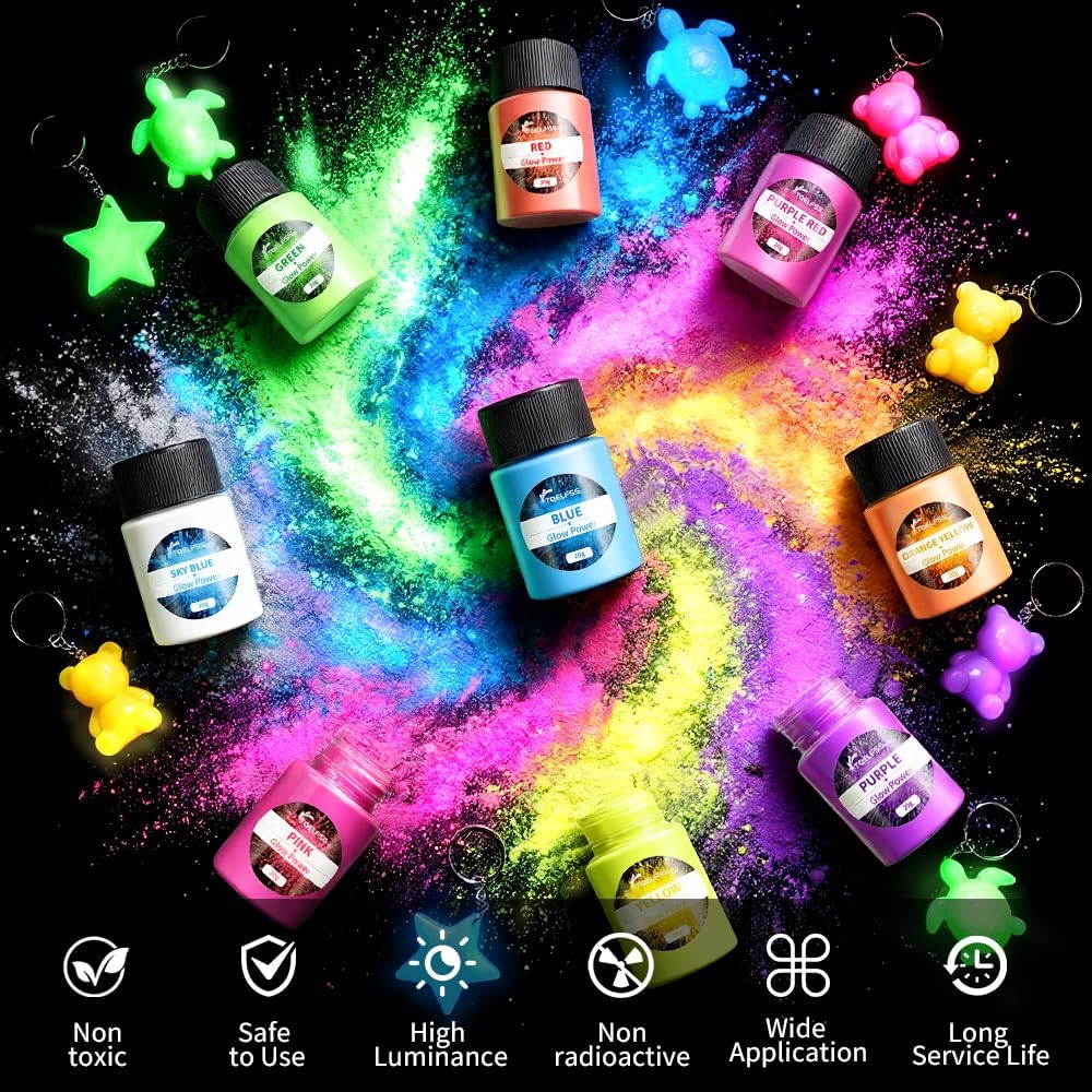 TQELFSS 12 color glow in the dark pigment powder set with jars and UV lamp - 3