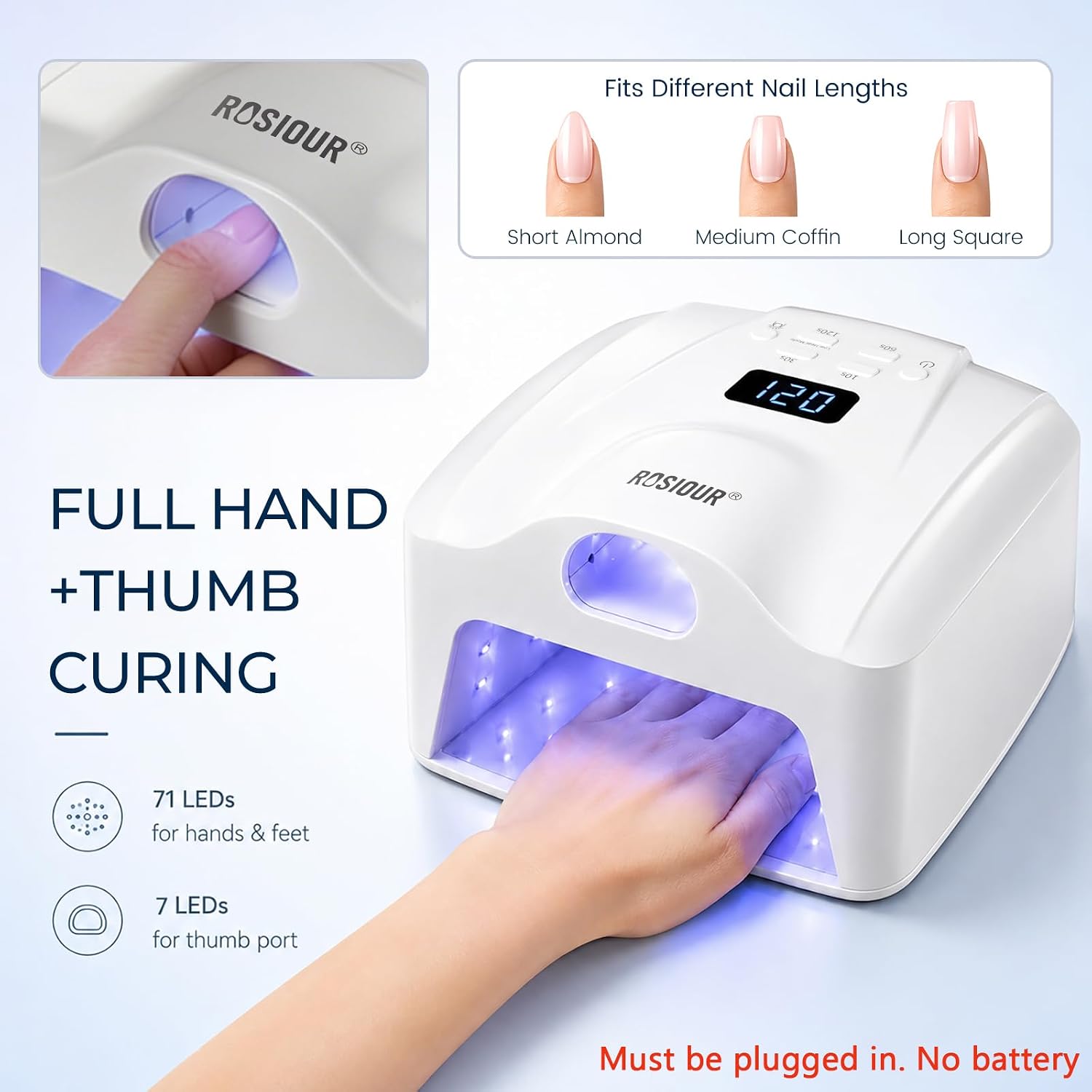 ROSIOUR 72W UV LED nail lamp showing main chamber, top thumb slot, digital display, and removable base - 3