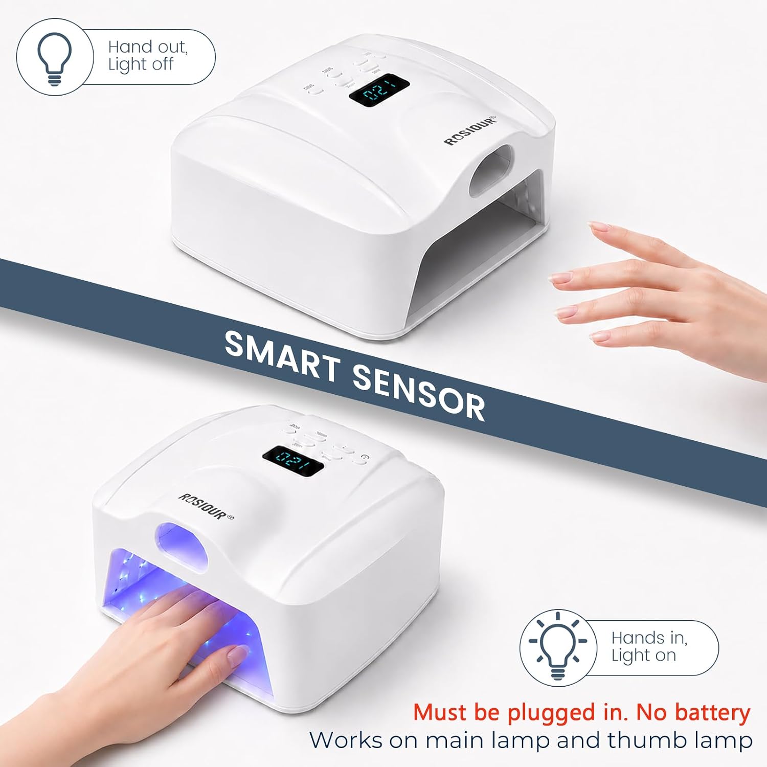 ROSIOUR 72W UV LED nail lamp showing main chamber, top thumb slot, digital display, and removable base - 4
