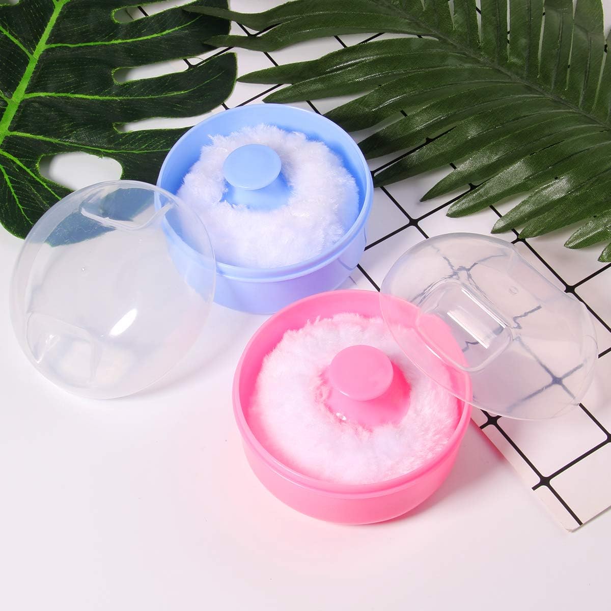 Two compact powder puff containers in pink and blue with soft acrylic puffs inside - 3