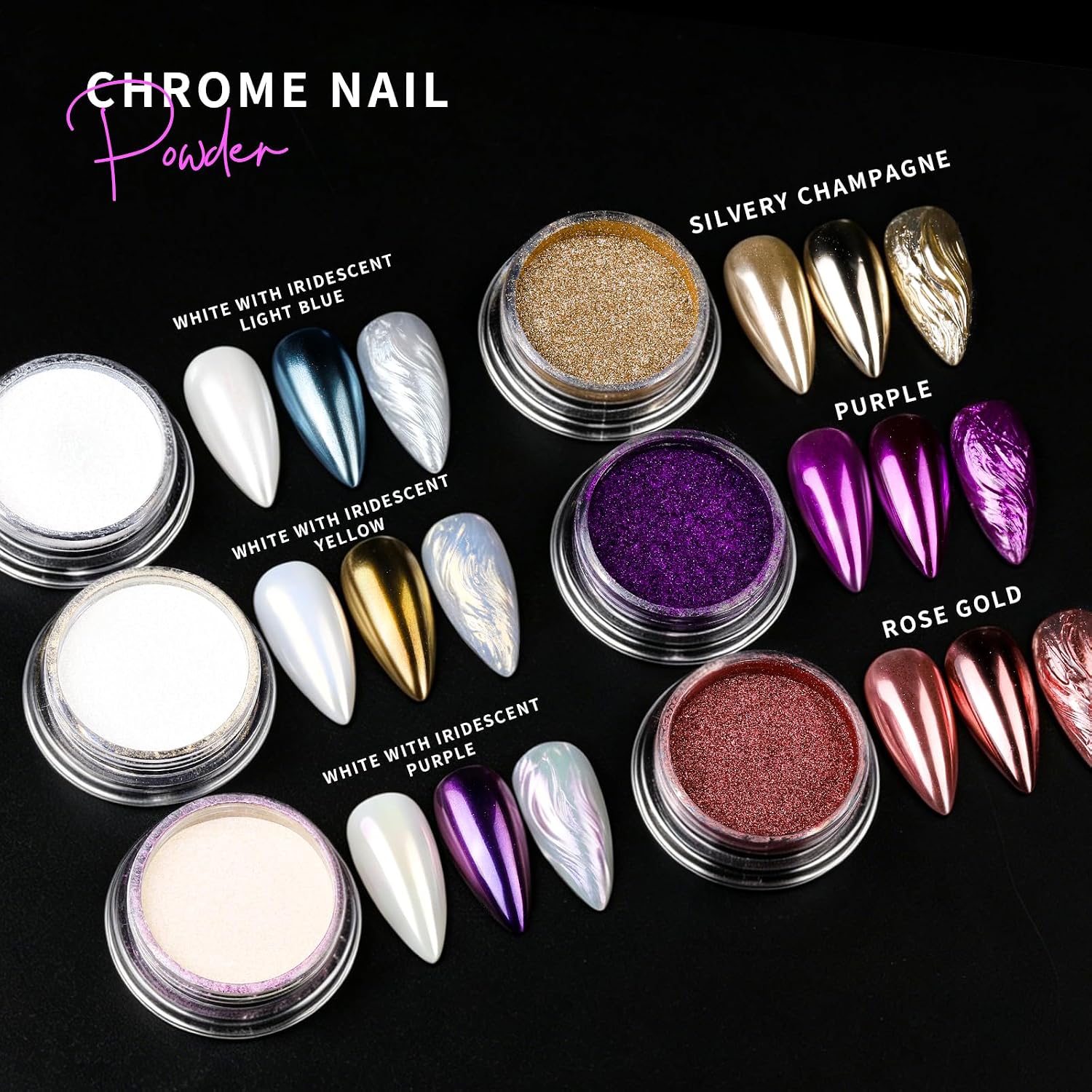Fandamei chrome nail powder kit showing 12 jars, brushes, dotting tools and magnetic stands - 2
