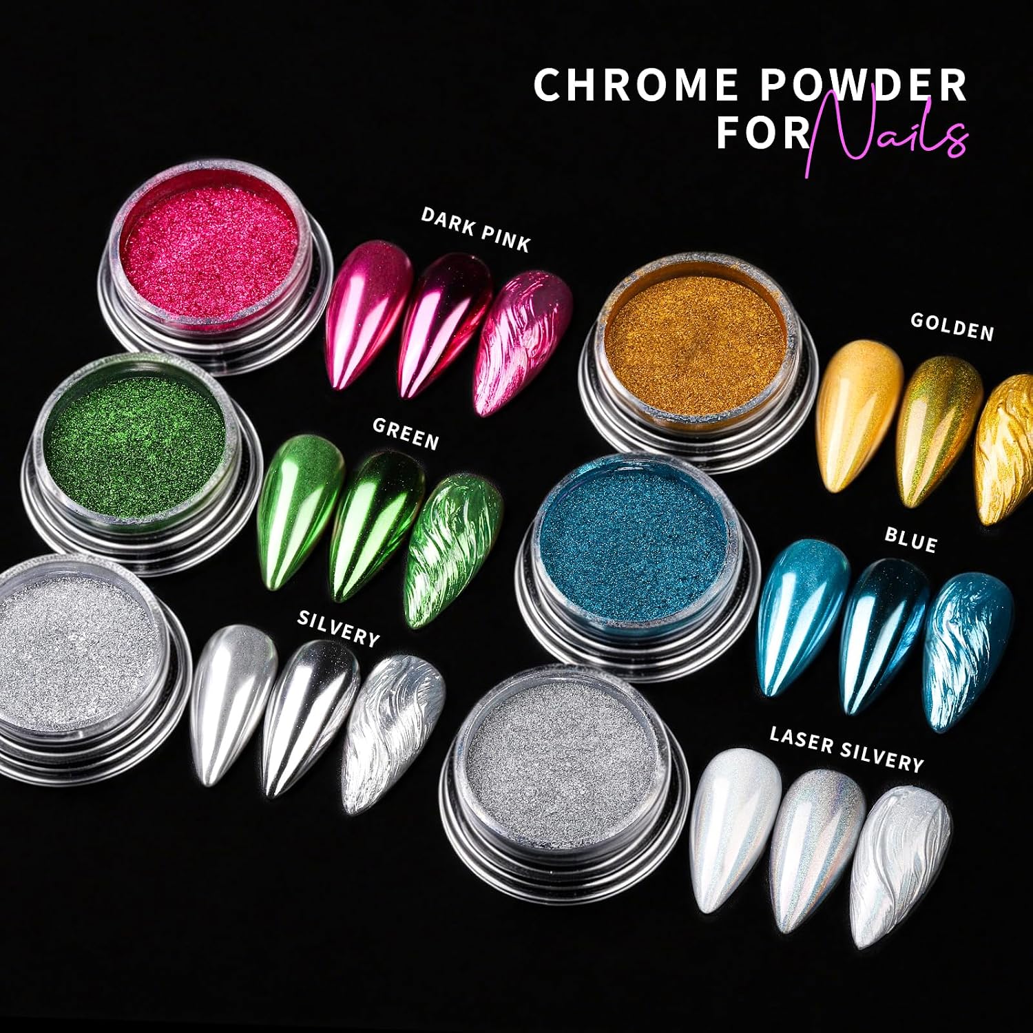 Fandamei chrome nail powder kit showing 12 jars, brushes, dotting tools and magnetic stands - 3