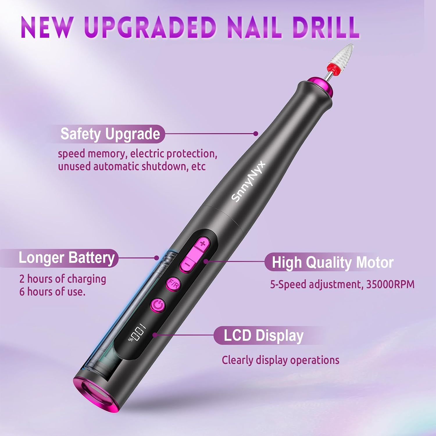 SnnyNyx cordless electric nail drill matte gray with LCD display and included bits - 2