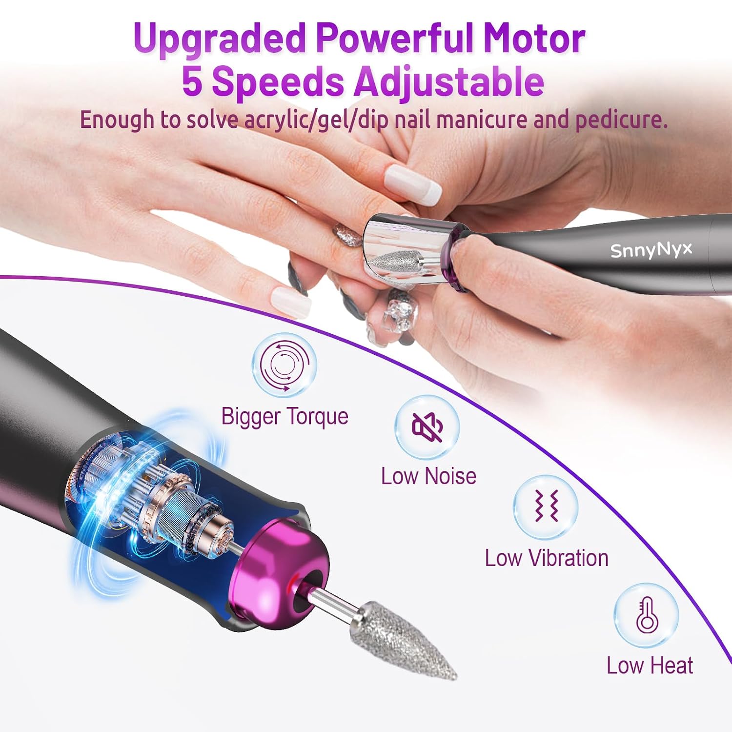 SnnyNyx cordless electric nail drill matte gray with LCD display and included bits - 3
