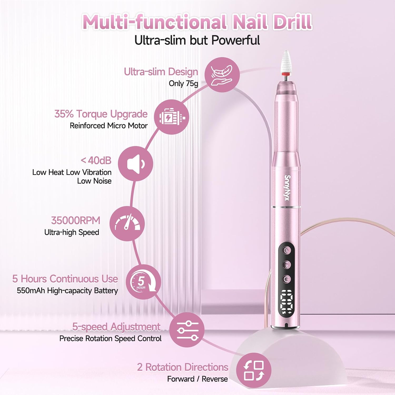 Rose gold cordless electric nail drill with LCD display and accessory kit - 2