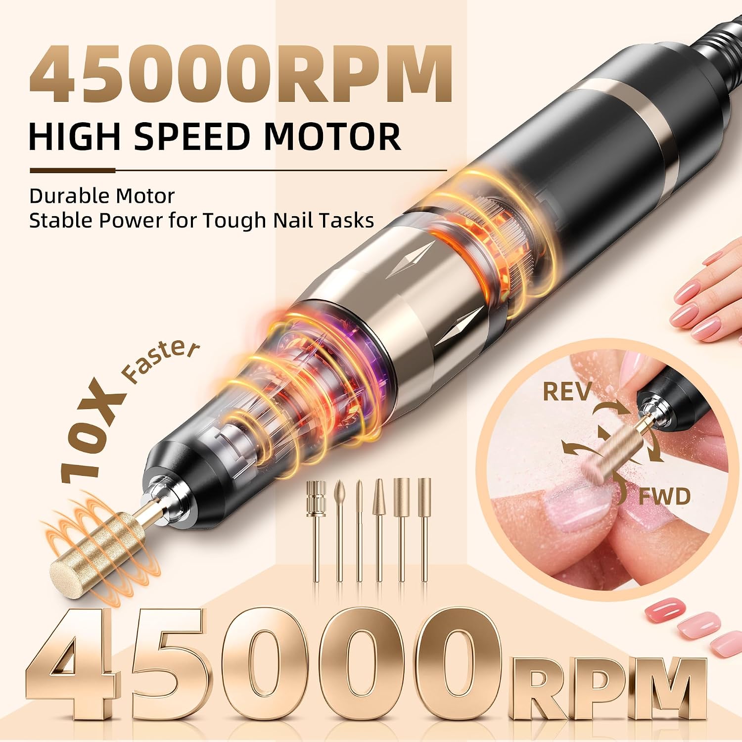 COYZU cordless electric nail drill handpiece with LED display, bits and sanding bands - 2