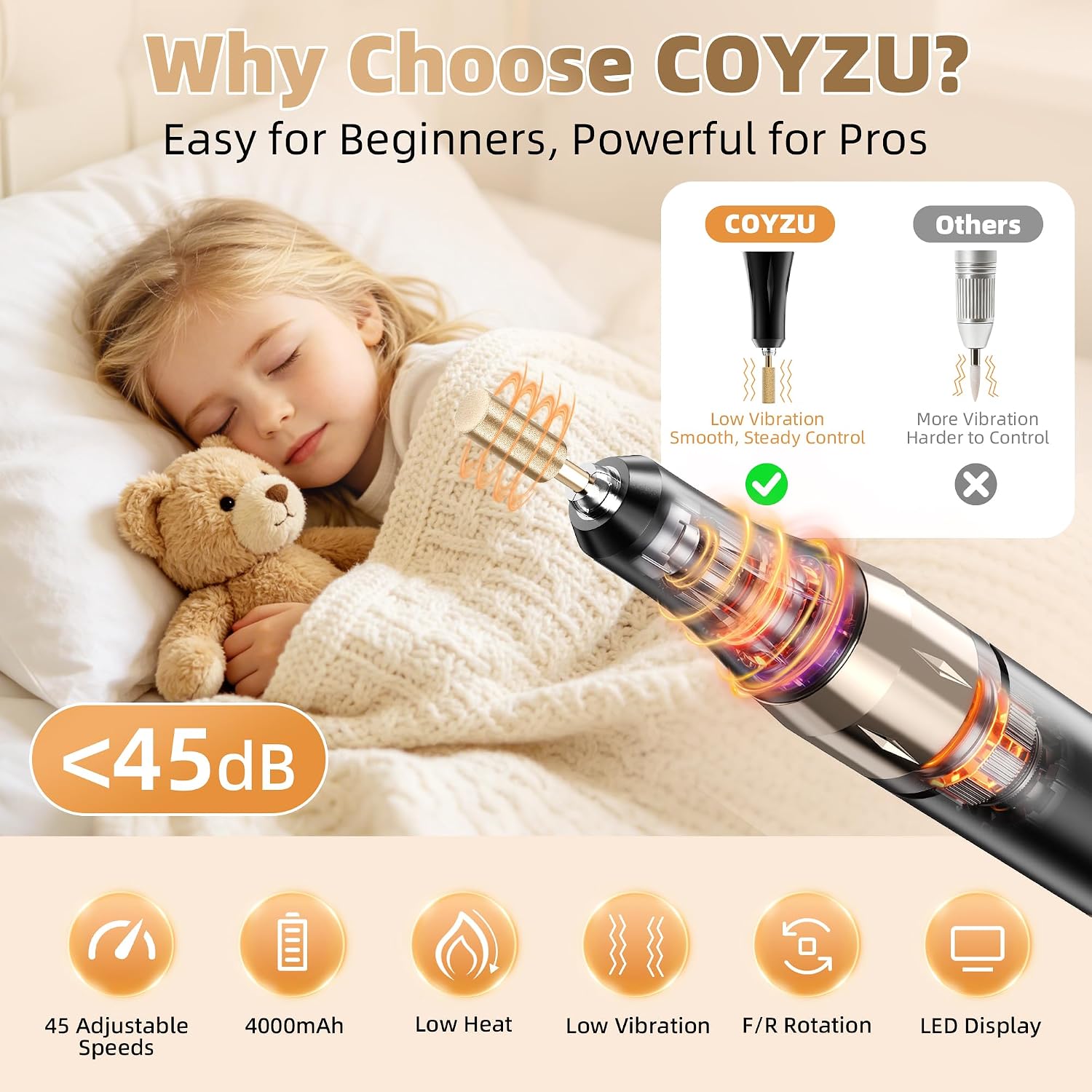 COYZU cordless electric nail drill handpiece with LED display, bits and sanding bands - 4
