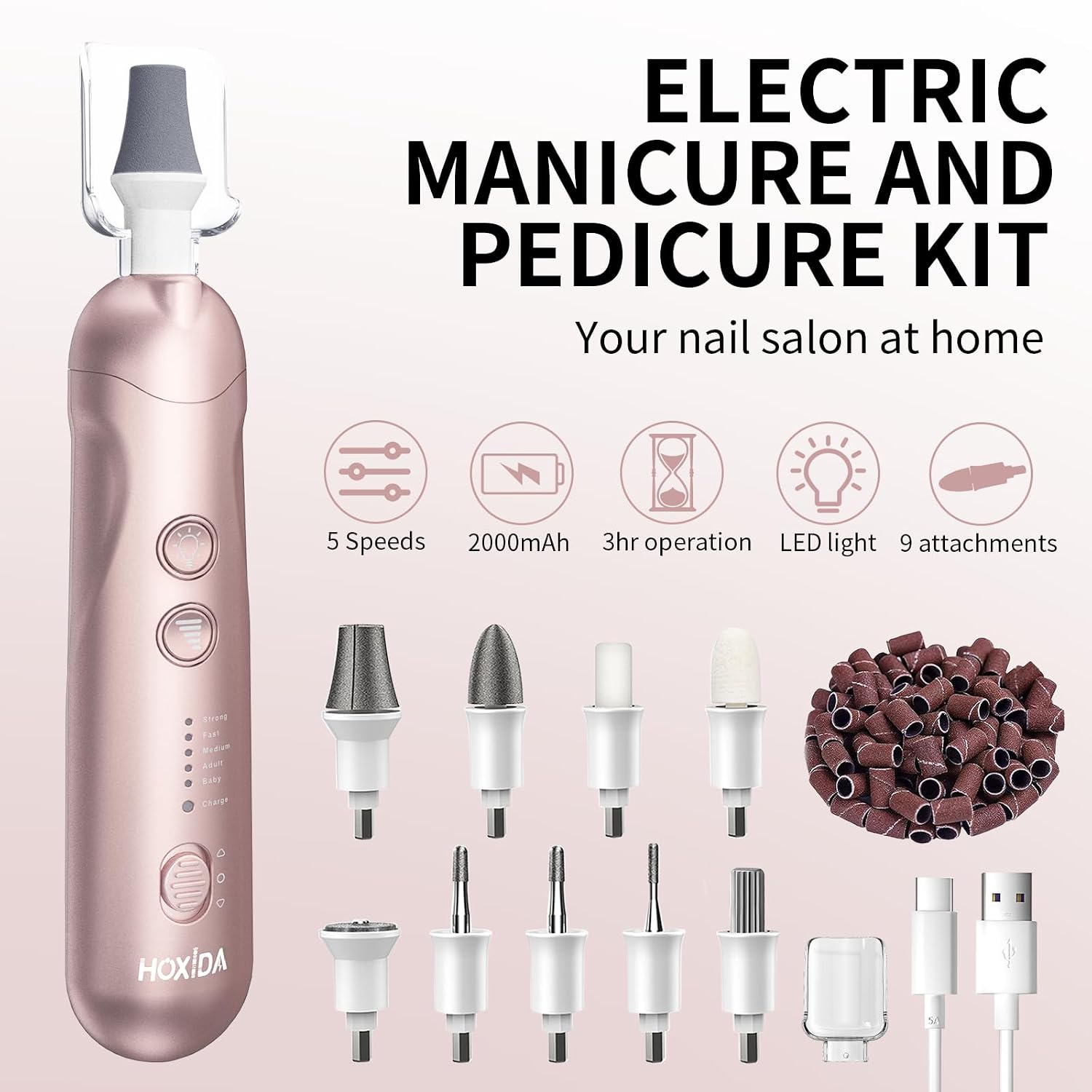 Cordless nail drill machine with bits, sanding bands and Type-C cable - 2
