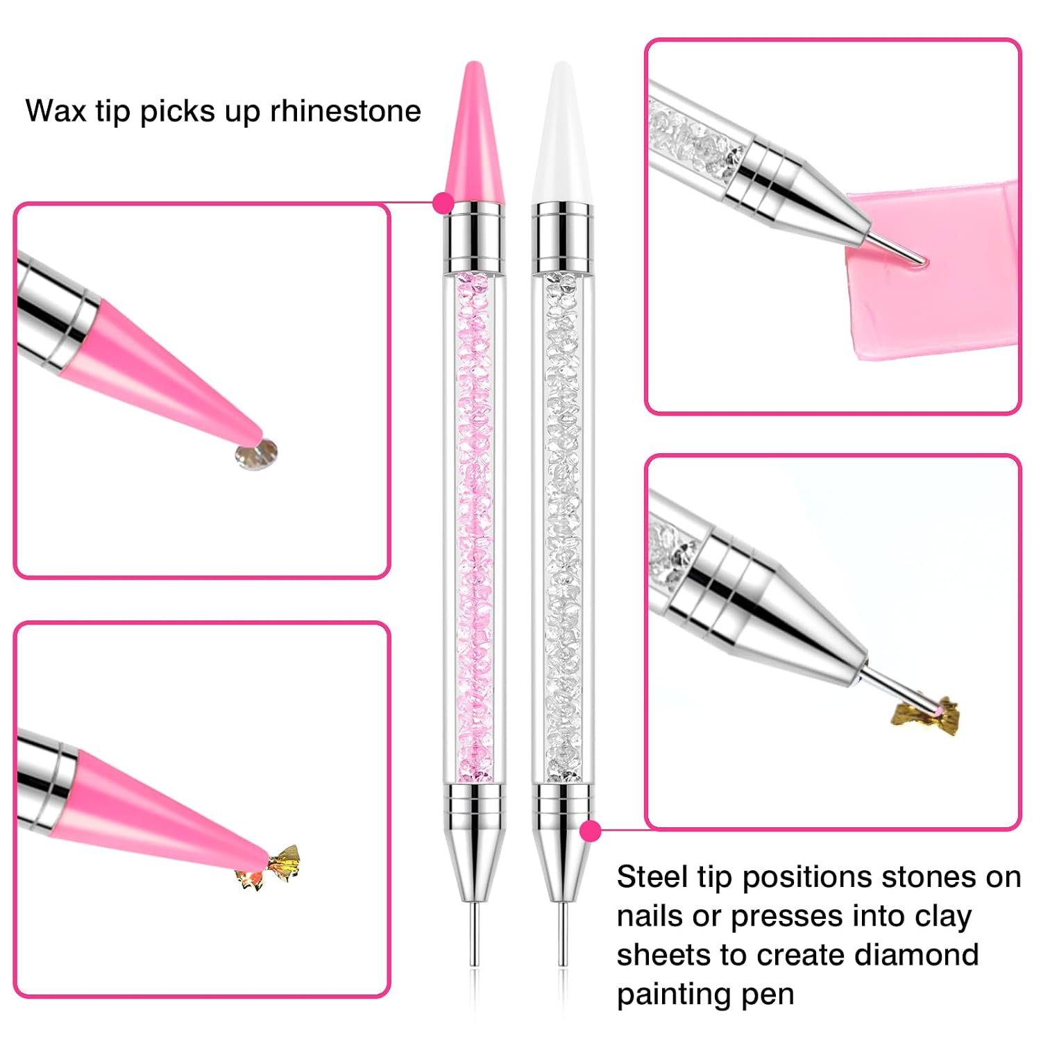 VANALIA dual-ended rhinestone picker pen kit with tweezers, wax tips, clay sheets and grooved tray - 2
