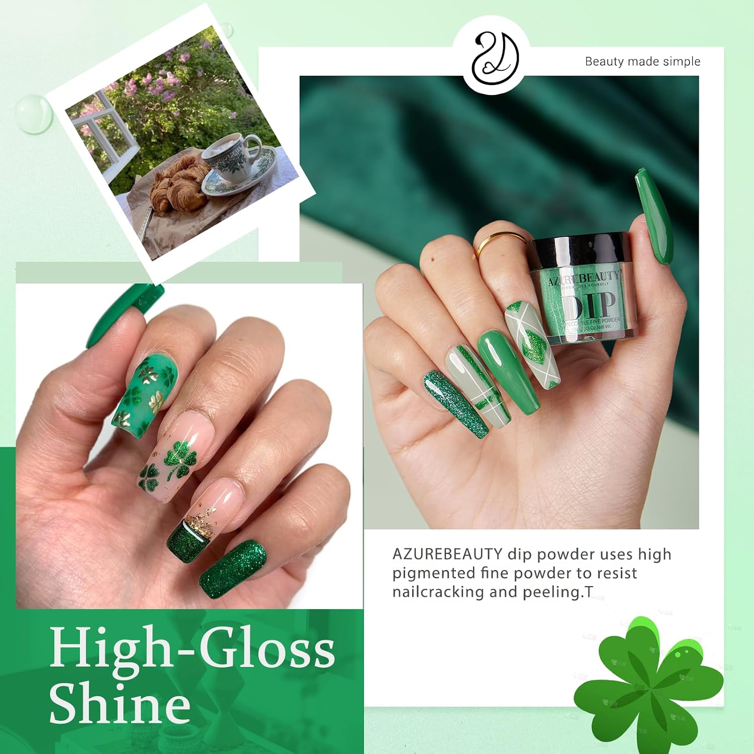 AZUREBEAUTY glitter green dip powder kit St. Patrick shades - 2