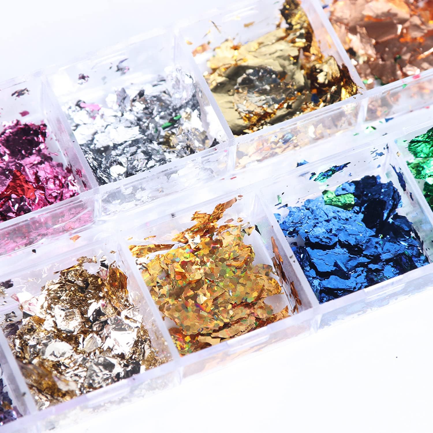 Vezocim holographic nail foil flakes 12-color ultra-thin set in divided tray - 2