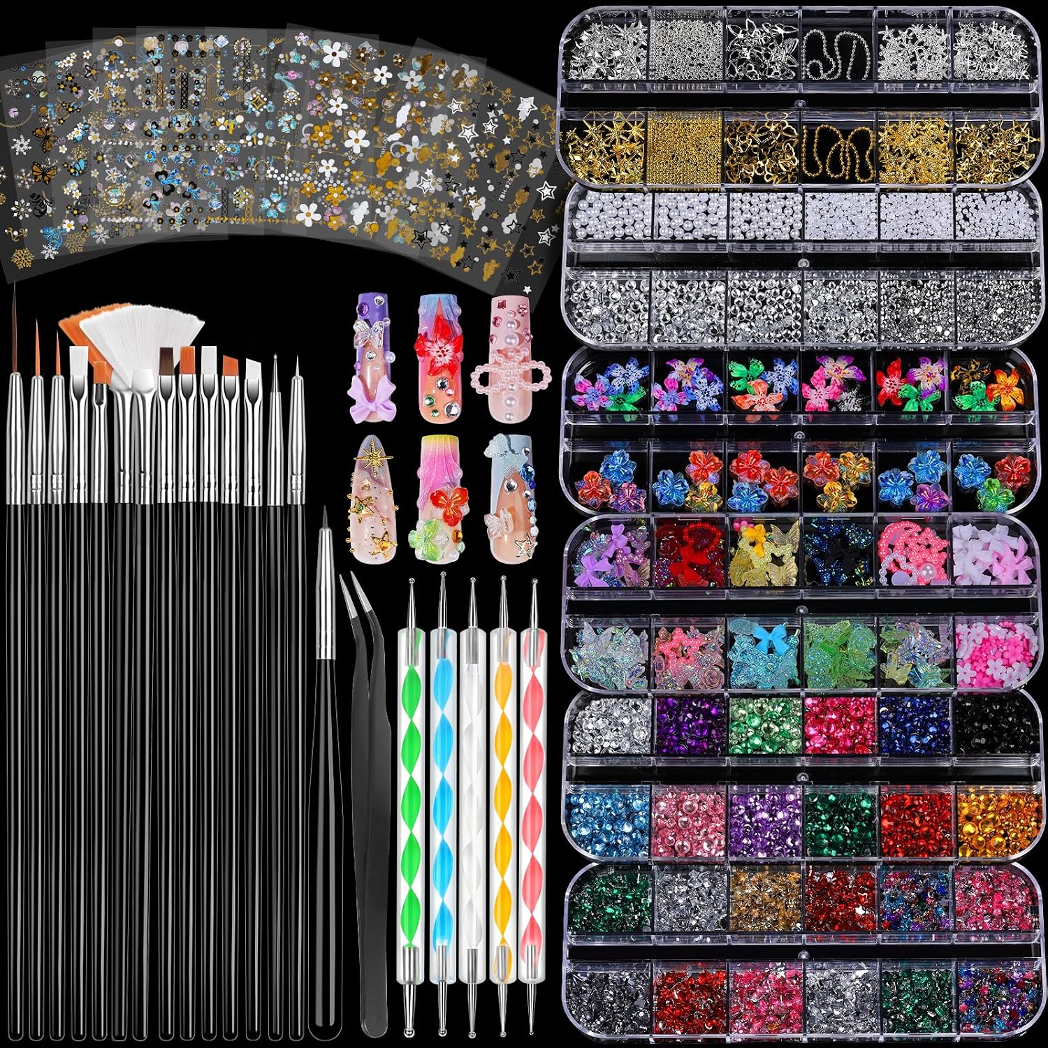 nail art brush kit with charms for DIY nail designs