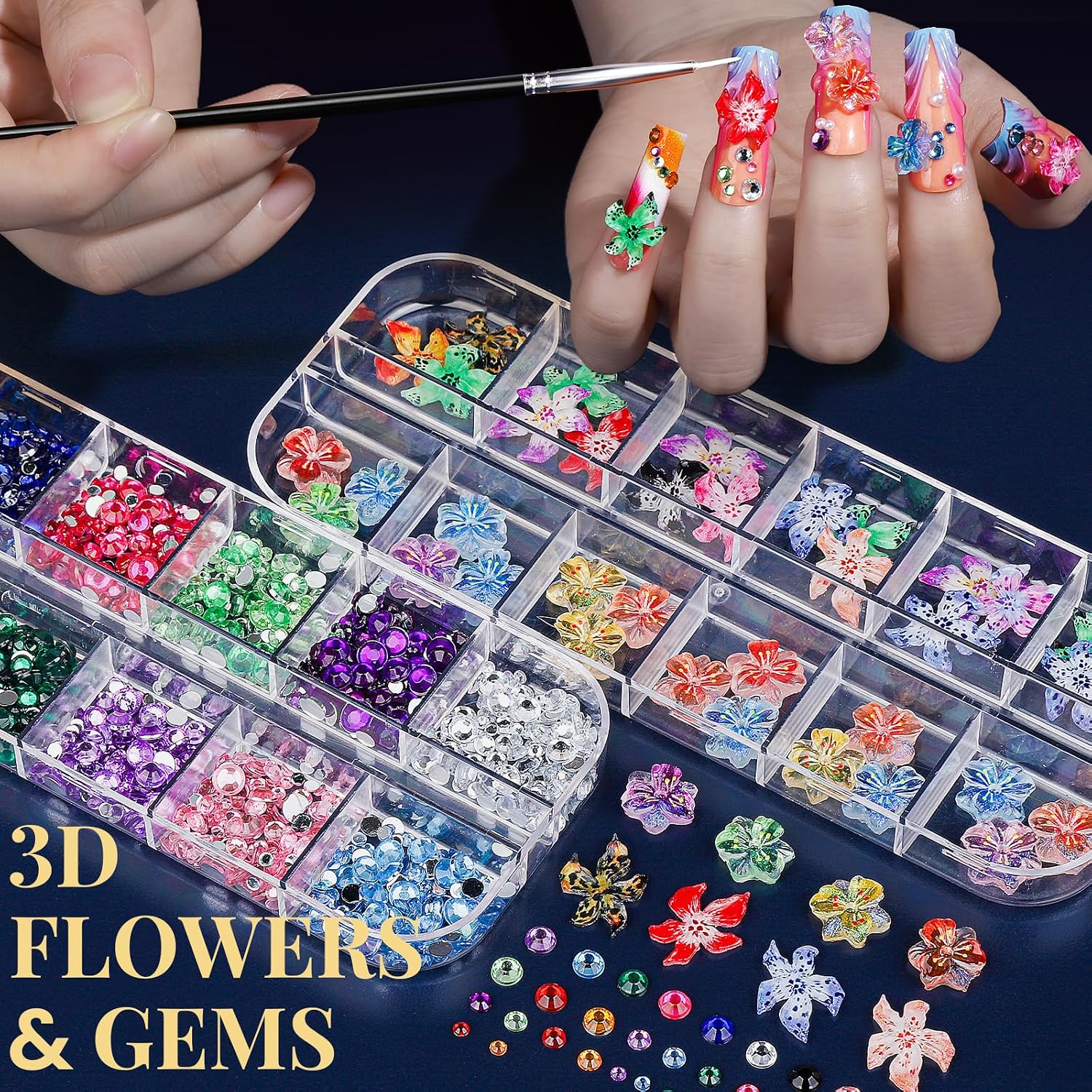 Fandamei nail art brushes, charms, dotting tools and floral stickers kit - 2