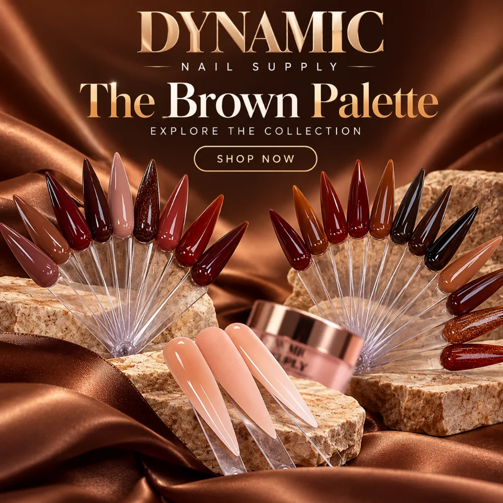 Brown palette acrylic nail color swatches in chocolate and cinnamon tones